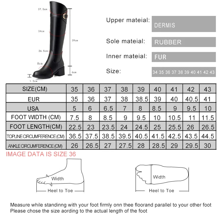 Größentabelle in cm mit Breiten- und Umfangswerten für Stiefel, Größe 35–43