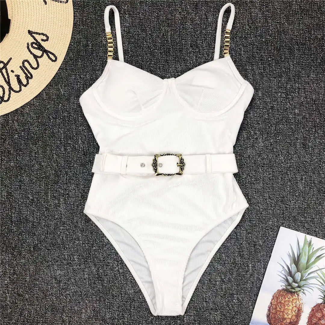 Damen-Badeanzug Rippe Gürtel High-Cut Bodysuit einteilig