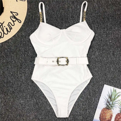 Damen-Badeanzug Rippe Gürtel High-Cut Bodysuit einteilig
