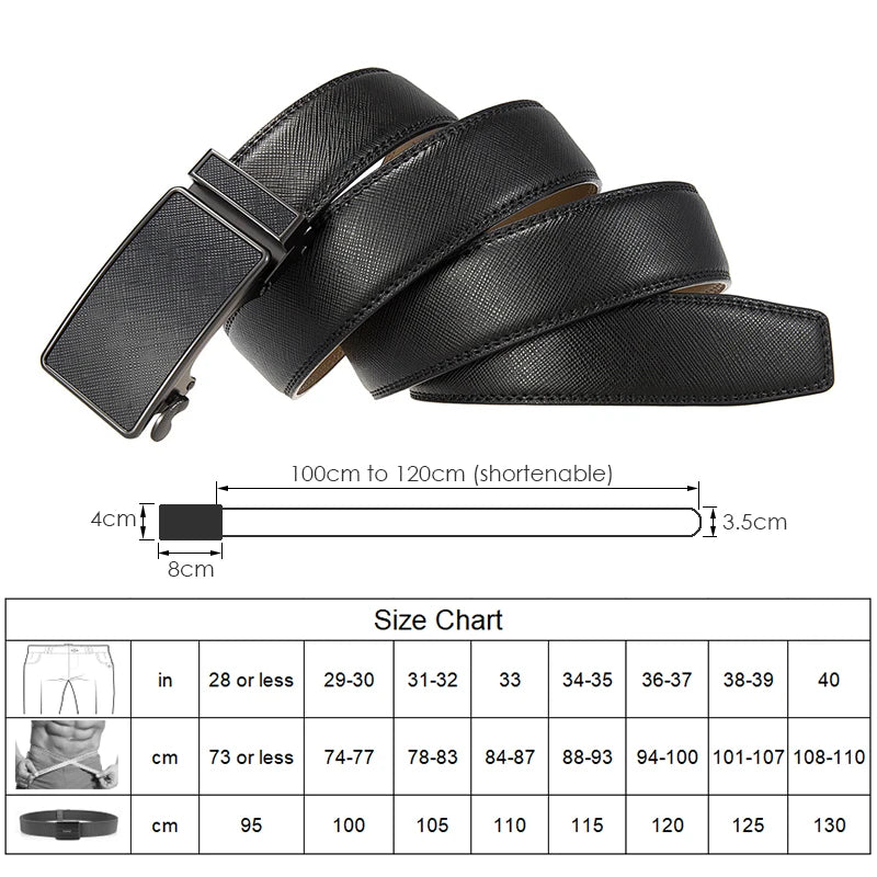 Herren-Gürtel aus Rindsleder 35 mm Breite mit Automatik-Schnalle aus Zinklegierung, Schwarz