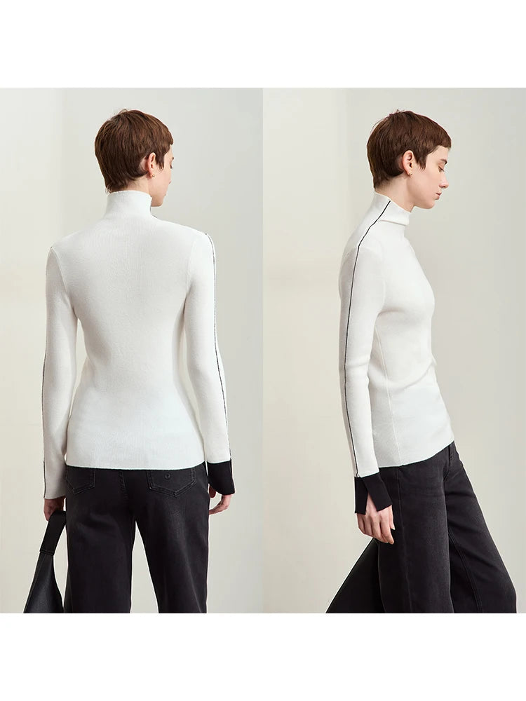 Damen-Rollkragenpullover Farbkontrast Slim Fit Langarm Frühling