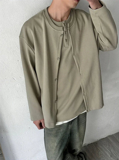 Herbst Vintage gefälschte zweiteilige Sweatshirts für Männer einfarbige Henley Neck Button Jacken koreanische Mode lose y2k Sudaderas