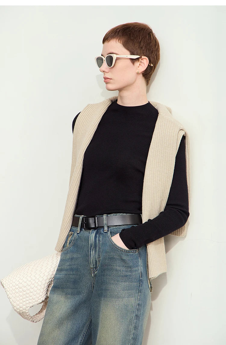 Schwarzer Damen-Strickpullover mit langen Ärmeln und Stehkragen-Optik