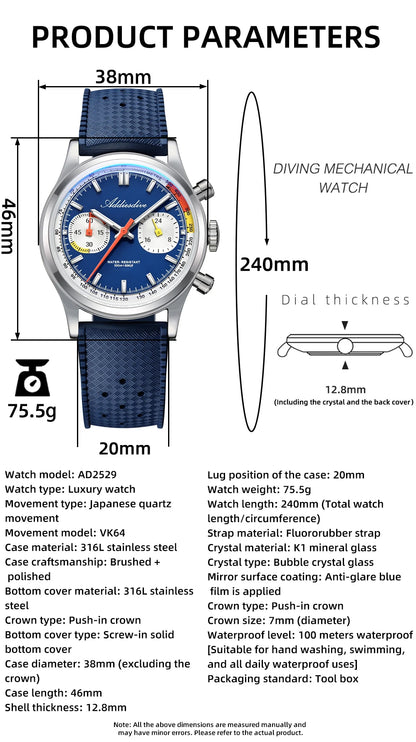 Herren-Chronograph mit VK64-Quarzwerk und Fluorkautschuk-Armband