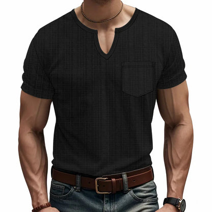 Herren-Casual-Poloshirt mit V-Ausschnitt, Brusttasche und Knopfleiste – vielseitiges, einfarbiges Business-T-Shirt