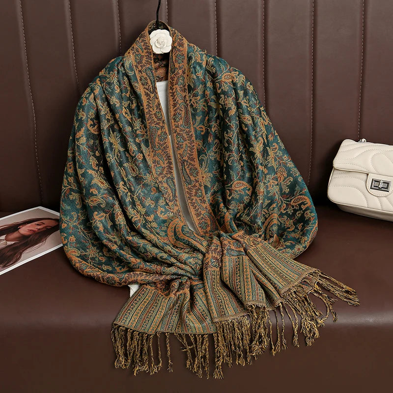 Damen-Winterschal mit Paisley-Jacquard, petrol/oliv, lang, mit Fransen