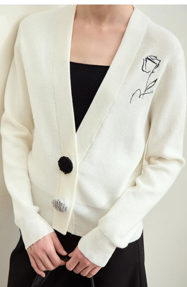 Damen-Strickjacke V-Ausschnitt Stickerei locker Langarm Herbst