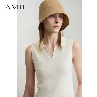 Ärmelloses Strickoberteil mit Umlegekragen und V-Ausschnitt, hellbeige