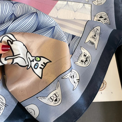 Damen Seidenschal Katzenprint quadratisch Stirnband Hijab Bandana