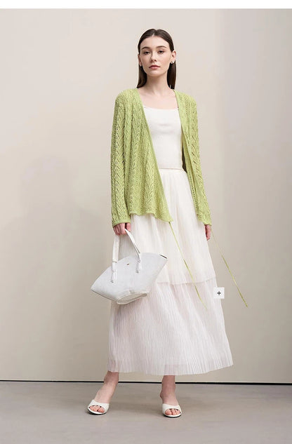 Damen-Strickjacke V-Ausschnitt Wolle Hohlstrick locker Langarm Frühling