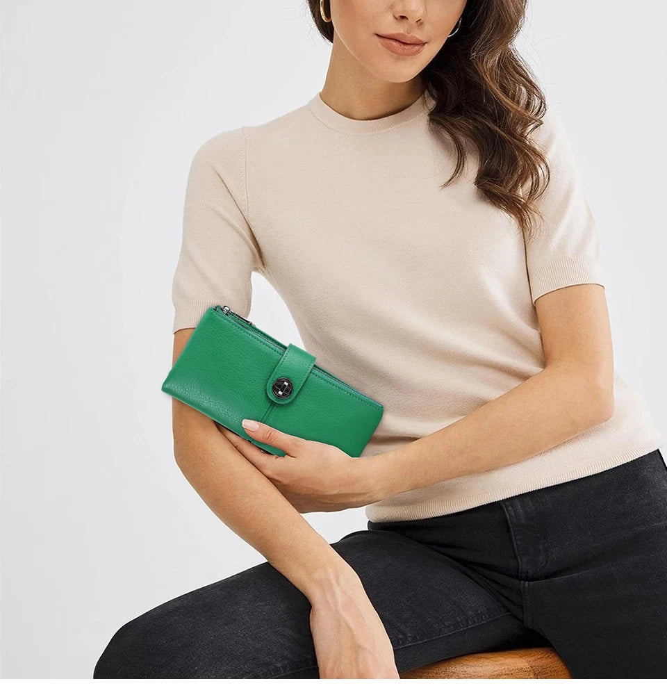 Damen Echtleder Lange Geldbörse Vintage RFID Clutch Portemonnaie Kartenhalter Reise