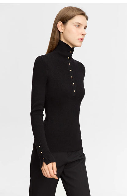 Damen-Strickjacke Rollkragen Knopfleiste Slim halboffene Front Herbst