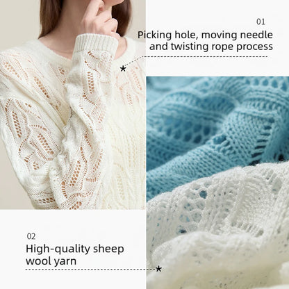 Detailausschnitt: Damen-Pullover in Weiß mit Rundhalsbund, Lochmuster und Zopfmotiven