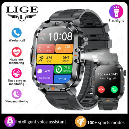 LIGE Neue Smart Watch 2,01" HD Display Taschenlampe Bluetooth Anruf 410mAh Batterie Robuste Smartwatch Wasserdichte Smart Armband