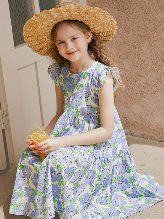 Langärmliges Prinzessinnenkleid aus Gaze in Tiefblau und Rot für Mädchen – Perfekt für Geburtstagsfeiern und Hochzeiten (3-14 Jahre)