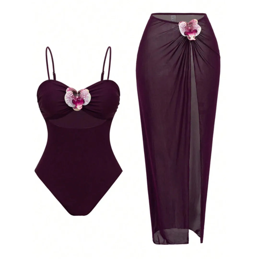 Damen Badeanzug 3D-Blumen Rock Monokini hoher Beinausschnitt Einteiler