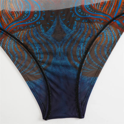 Damen-Badeanzug 3-teilig Print Langarm Sarong-Set gepolstert