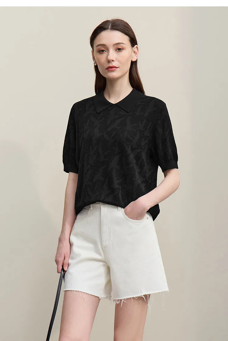 Damen-Strickpullover mit Reverskragen, Jacquardmuster, kurzärmelig, schwarz, lockerer Schnitt
