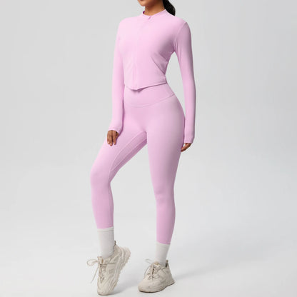 Zweiteiliger Damen-Yogaanzug, Slim Fit, langärmeliges Oberteil und Leggings in Hellrosa