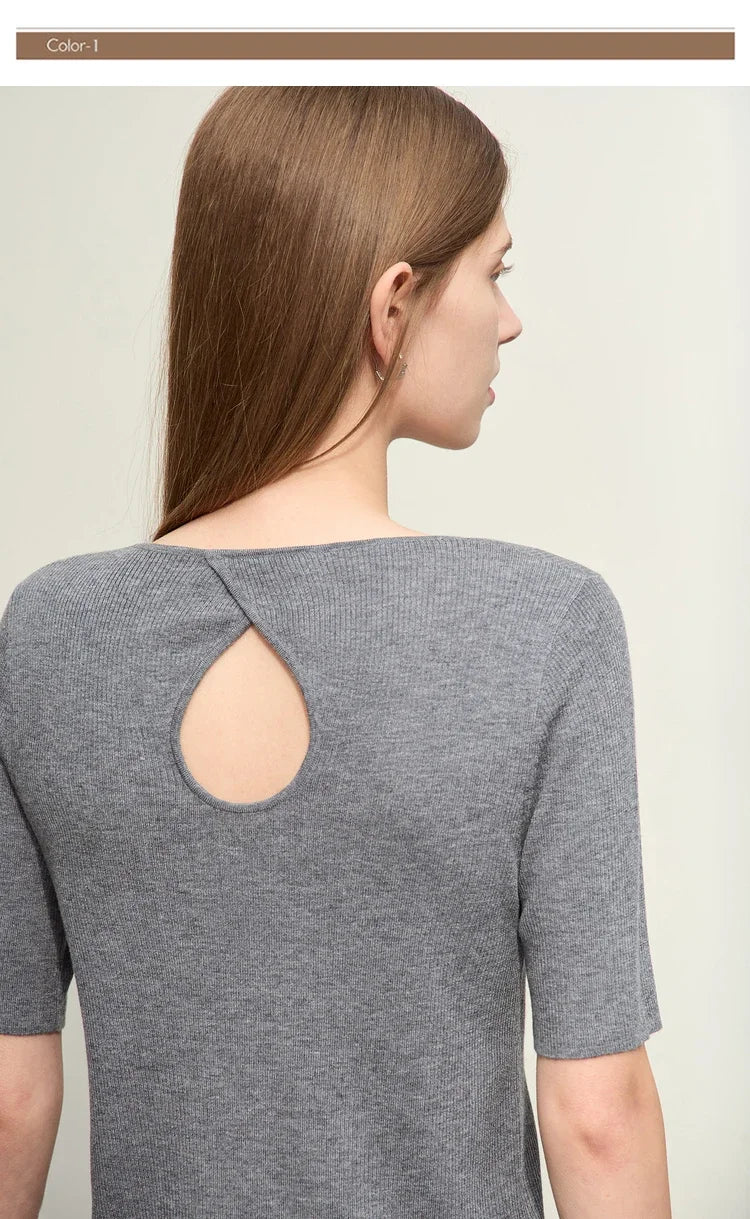 Damen-Rundhalspullover Wolle-Seide Aushöhlung Slim Kurzarm Pendler Sommer