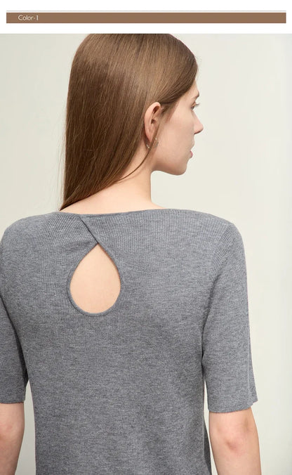 Damen-Rundhalspullover Wolle-Seide Aushöhlung Slim Kurzarm Pendler Sommer