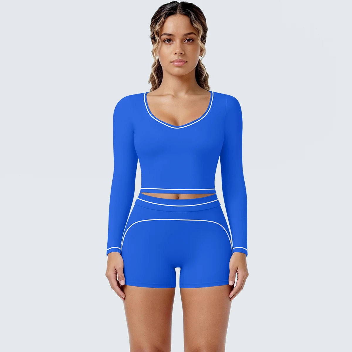 Yoga-Set Blau mit langarmigem Crop-Top und Shorts, Kontrastpaspeln