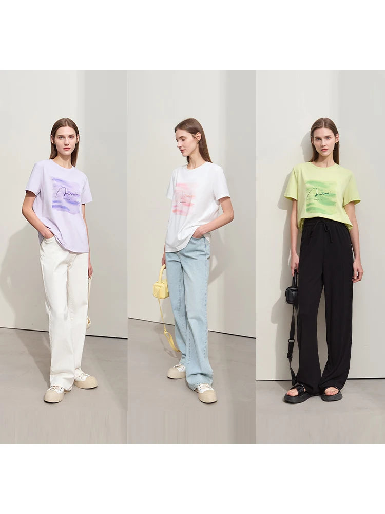 Damen T-Shirts im lässigen Minimalismus-Stil mit O-Ausschnitt und Stickerei
