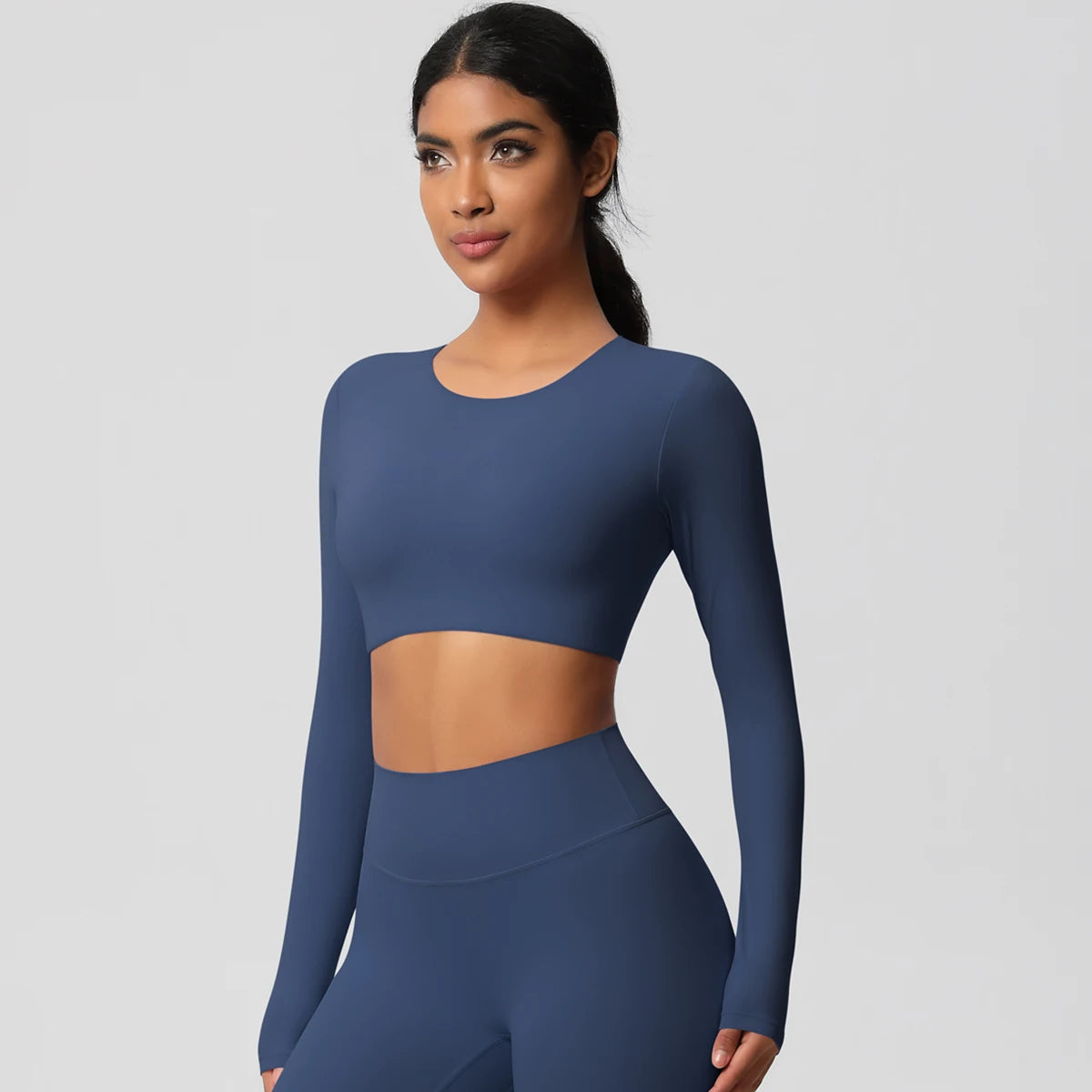 Sport-Top für Damen, langarm, eng anliegend, dunkelblau, vorne