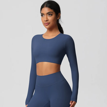 Sport-Top für Damen, langarm, eng anliegend, dunkelblau, vorne