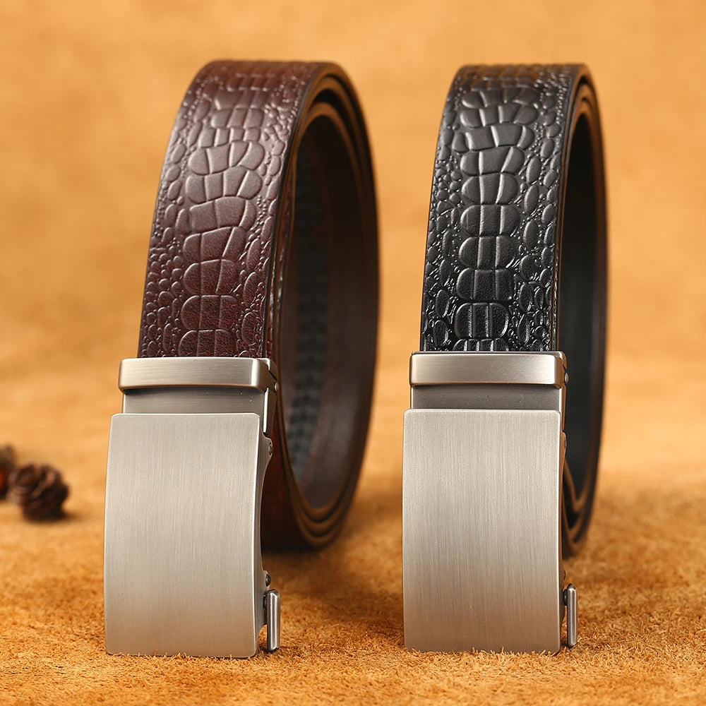 Herren Echtleder-Gürtel Krokodilmuster 3,5 cm Automatik-Schnalle Luxus Rindsleder