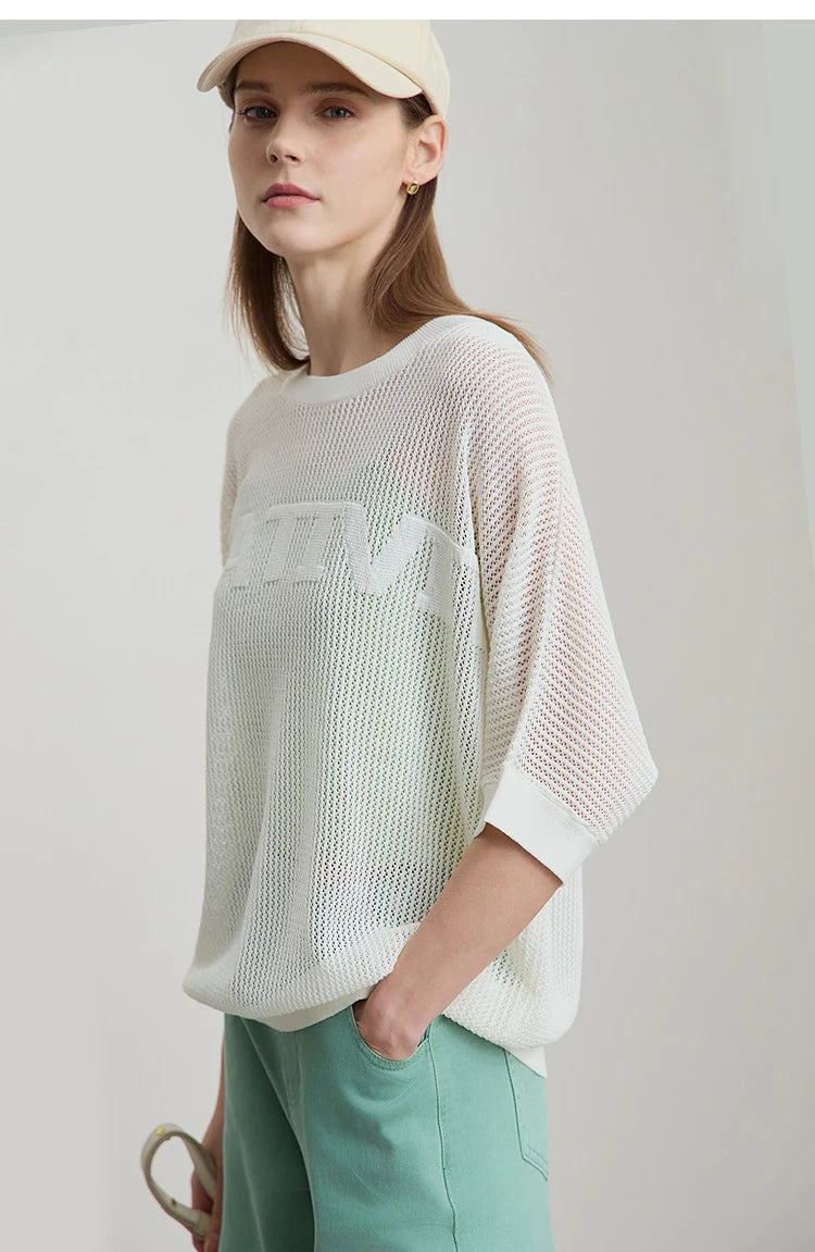 Damen-Strickpullover mit Rundhalsausschnitt, halben Ärmeln, lockerer Schnitt, creme