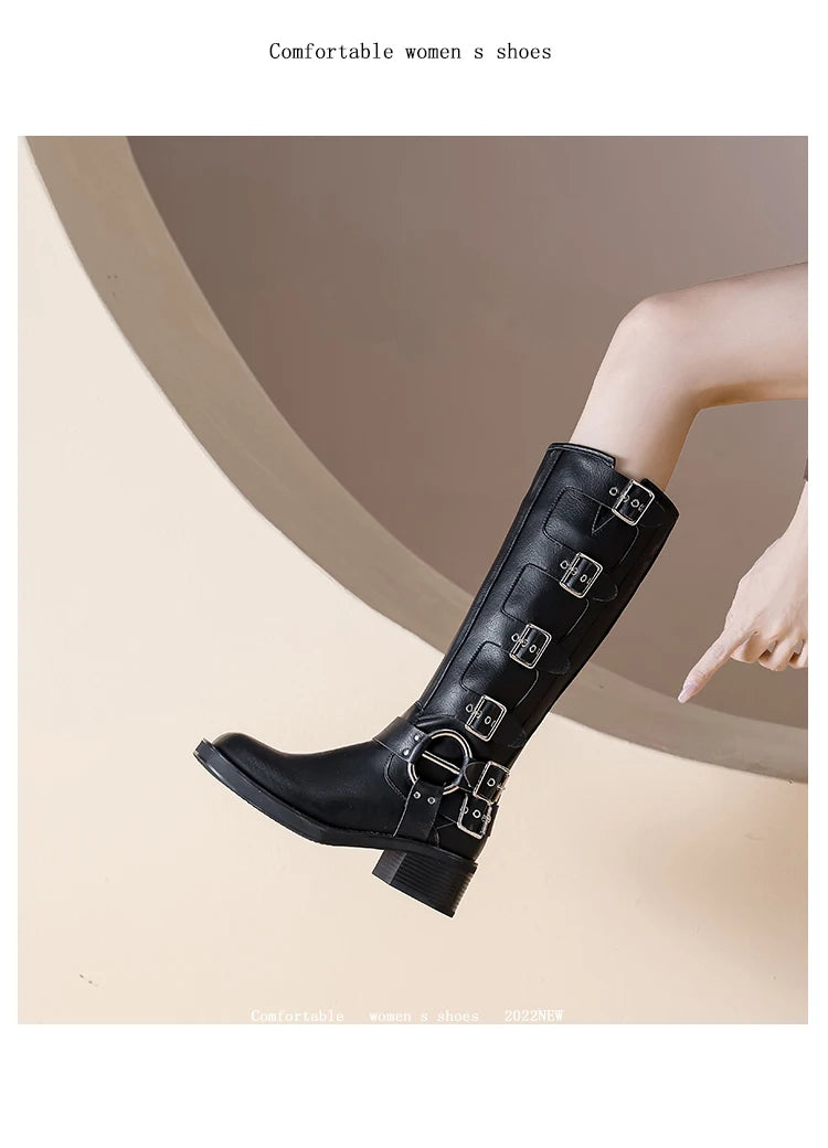 AIYUQI Women Cowboy Boots 2025 Autumn New Belt Buckle Women Marton Boots British Style Large Size 41 42 43 Women Long Boots