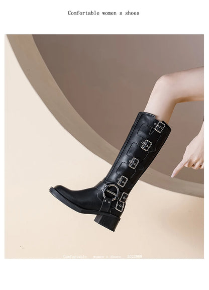 AIYUQI Women Cowboy Boots 2025 Autumn New Belt Buckle Women Marton Boots British Style Large Size 41 42 43 Women Long Boots