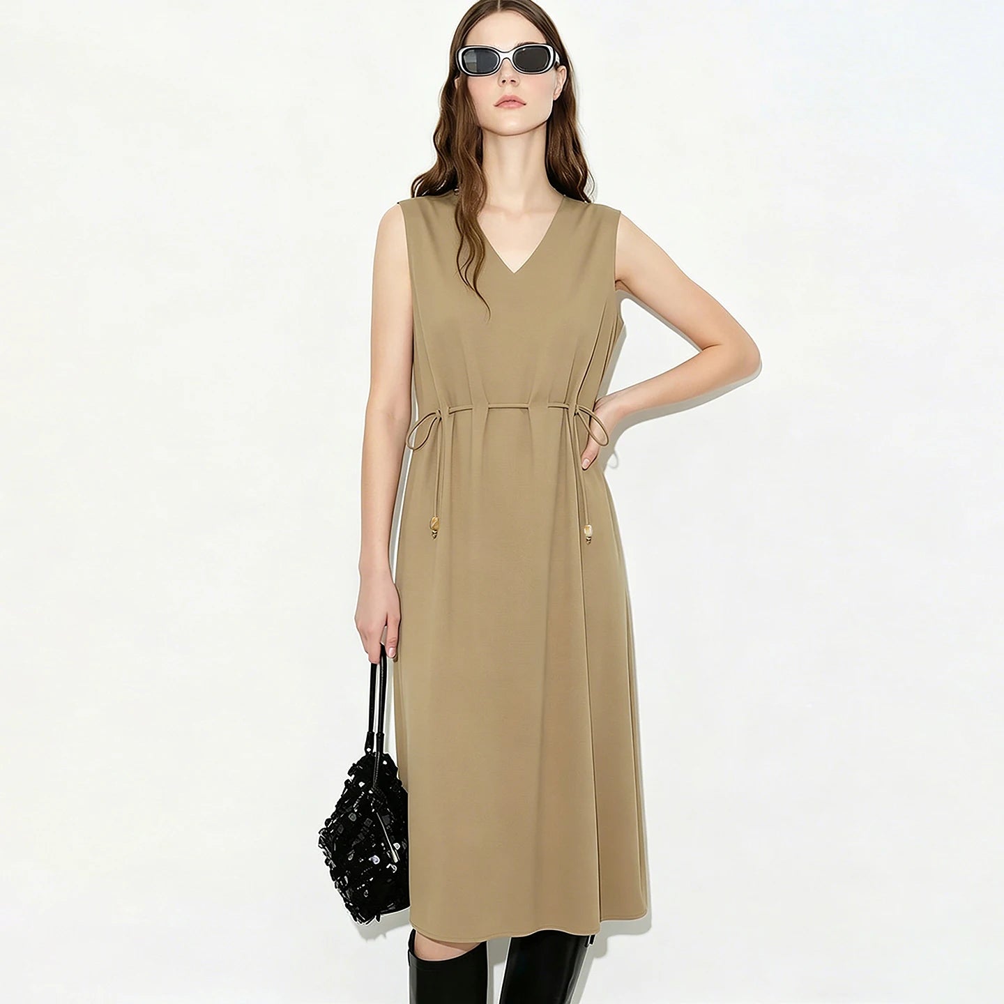 Komfortables Sommer Damen Kleid V-Ausschnitt Kordelzug