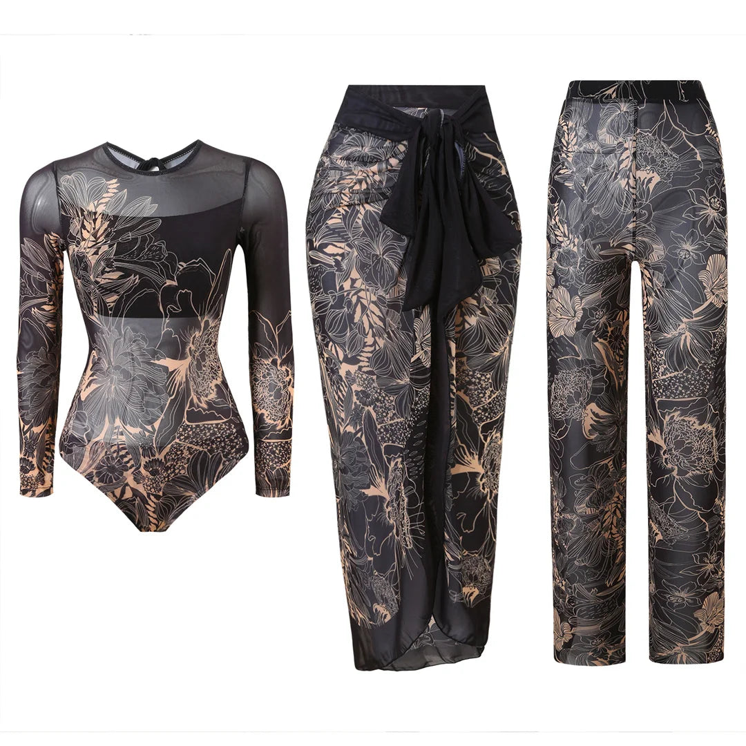 Damen-Badeanzug 3-teilig Print Langarm Sarong-Set gepolstert