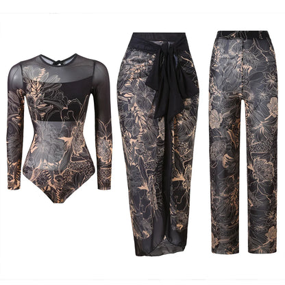 Damen-Badeanzug 3-teilig Print Langarm Sarong-Set gepolstert