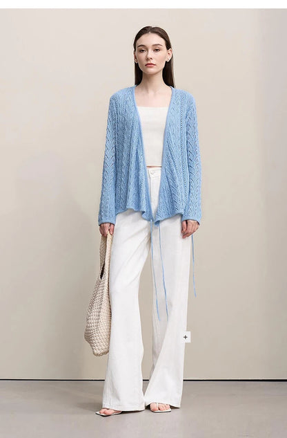 Damen-Strickjacke V-Ausschnitt Wolle Hohlstrick locker Langarm Frühling