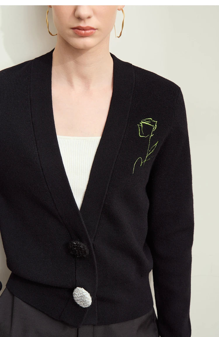 Damen-Strickjacke V-Ausschnitt Stickerei locker Langarm Herbst