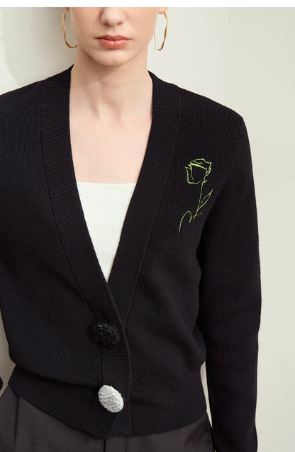 Damen-Strickjacke V-Ausschnitt Stickerei locker Langarm Herbst