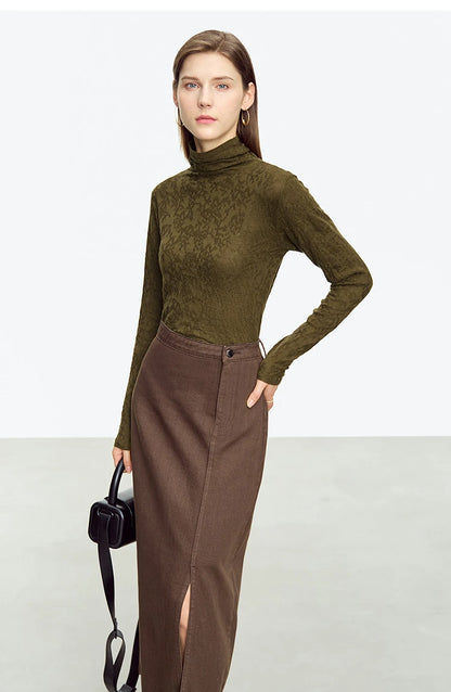 Damen-Rollkragenpullover Wolle-Mix schlank dünn Winter