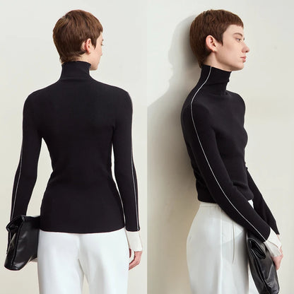 Damen-Rollkragenpullover Farbkontrast Slim Fit Langarm Frühling