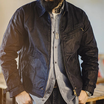 Herren Jacke Vintage IV Oil Waxed Canvas Revers Reißverschluss Taschen