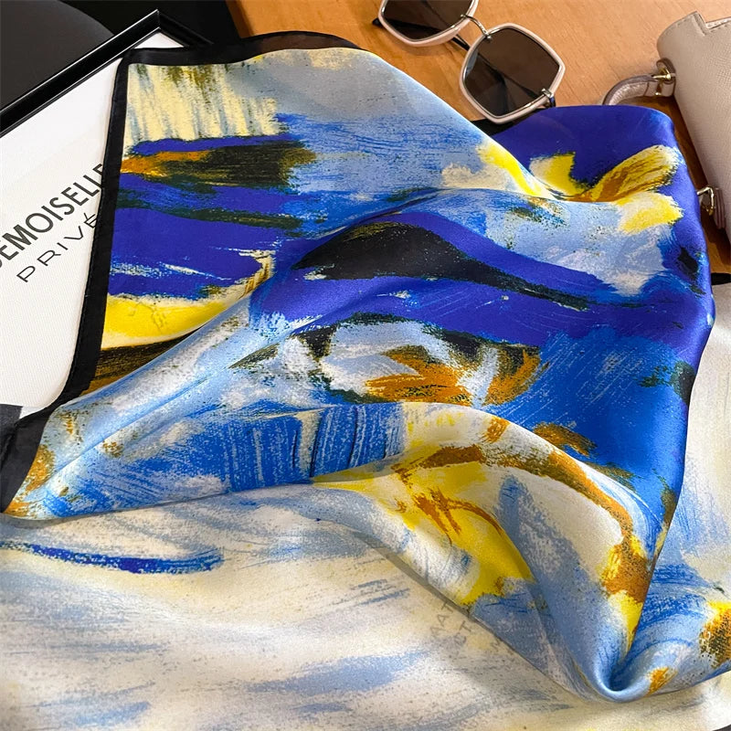 Damen Seidensatin Schal Tasche Kopf Bandana Halstuch quadratisch bedruckt