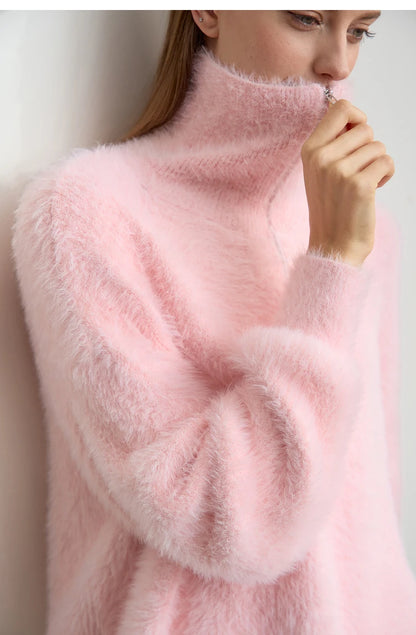 Damen-Rollkragenpullover Nerz-Imitat Reißverschluss locker dick Winter
