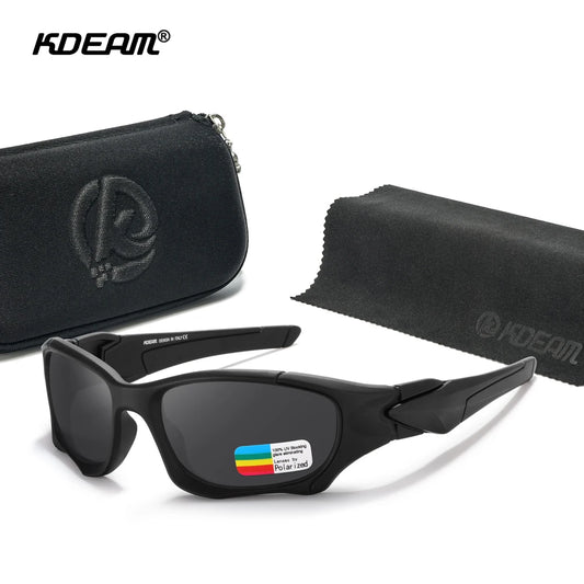 Schwarze Sport-Sonnenbrille mit polarisierten Gläsern und Hartetui-Reißverschluss