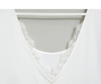 Damen T-Shirt aus mercerisierter Baumwolle mit V-Ausschnitt und Spitzen-Detail