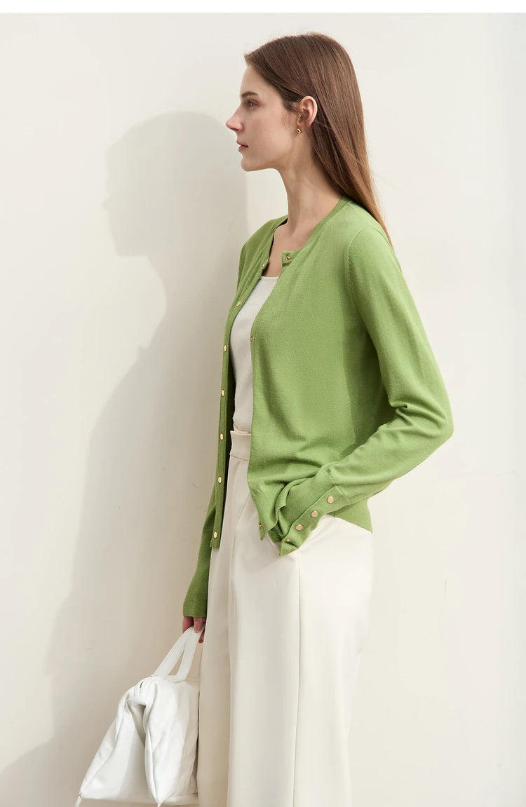 Damen-Strickjacke Rundhals Wolle Metallknopf französisch Büro Frühling