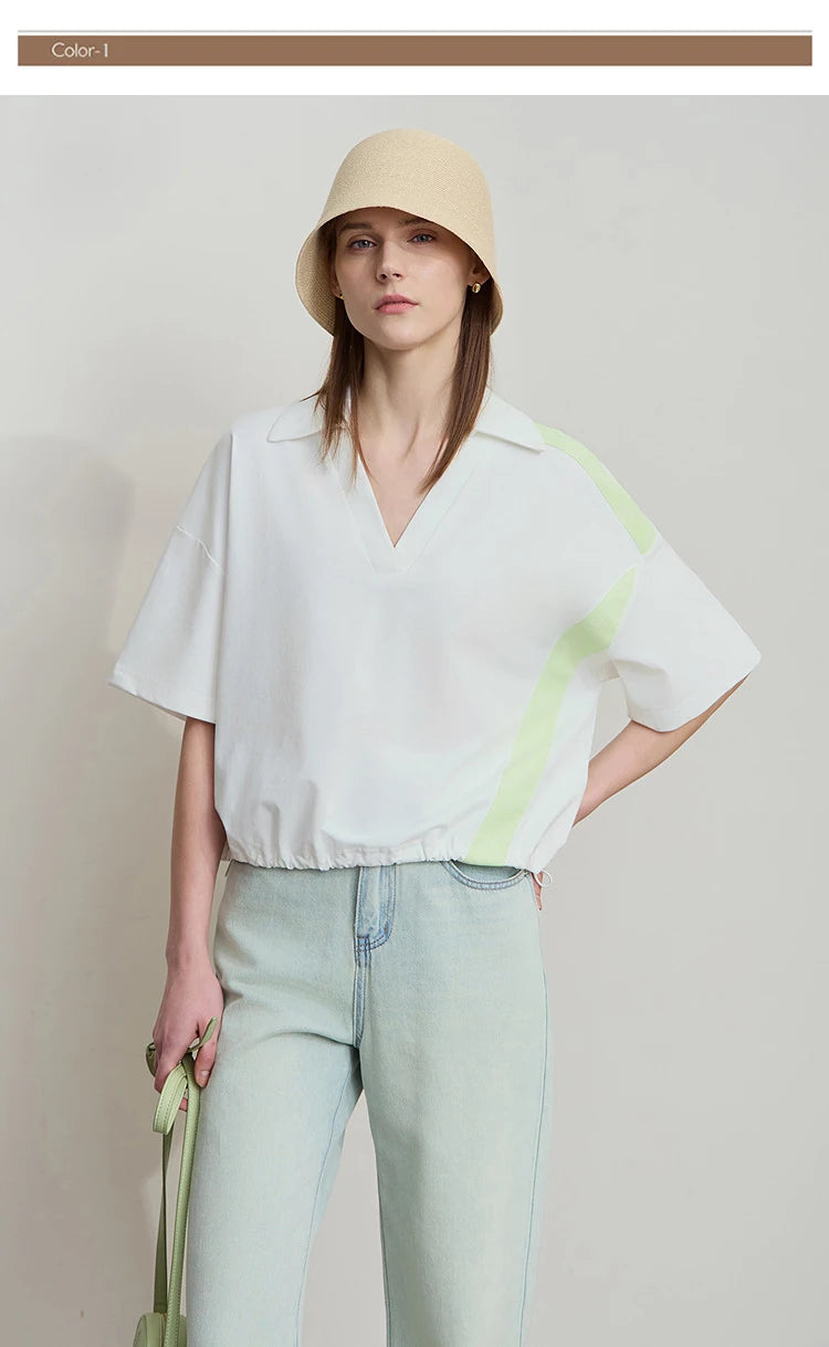 Damen T-Shirts im minimalistischen Stil mit neuem V-Ausschnitt und kurzen Ärmel