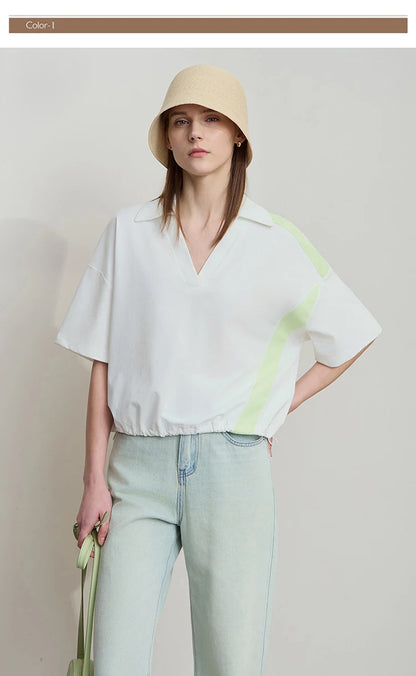 Damen T-Shirts im minimalistischen Stil mit neuem V-Ausschnitt und kurzen Ärmel