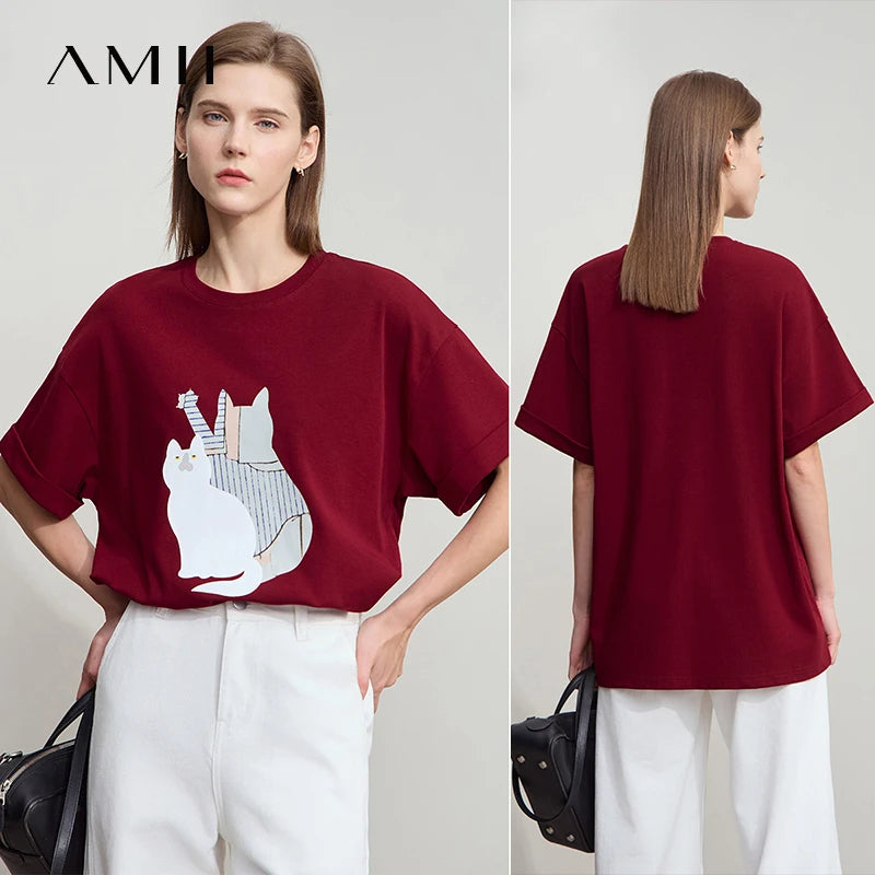 Damen Top im minimalistischen Stil mit O-Ausschnitt und bedrucktem Design